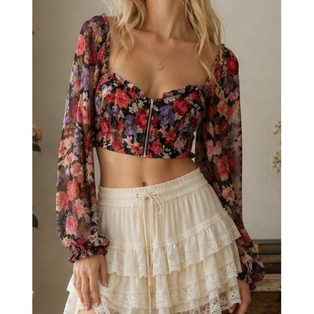 NWT Promesa Women Floral Puff Sheer Sleeve Corset Crop Top Small Boho Romantic